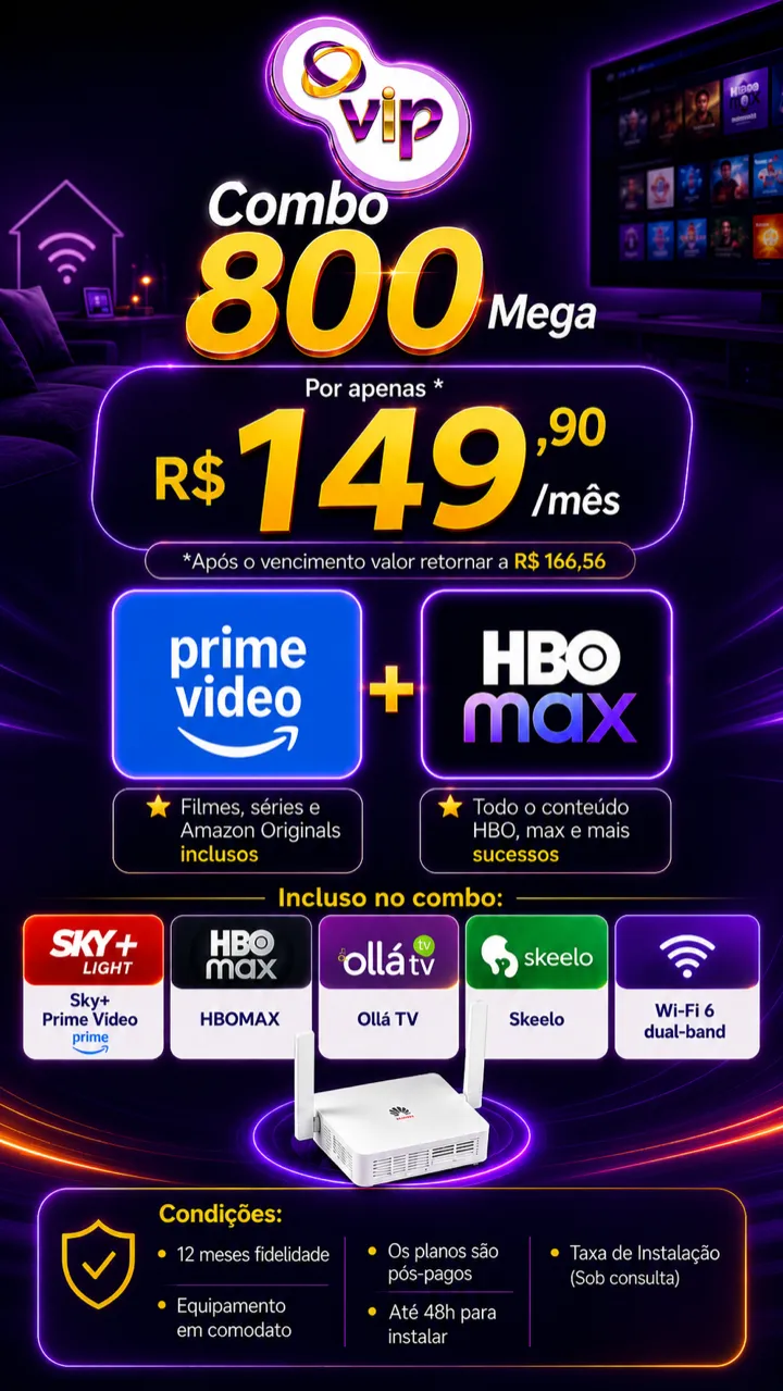 Arte promocional VIP: Combo 800 Mega por R$ 149,90/mês até o vencimento, com Prime Video, HBO Max, Ollá TV, Skeelo e Wi-Fi 6 dual-band.